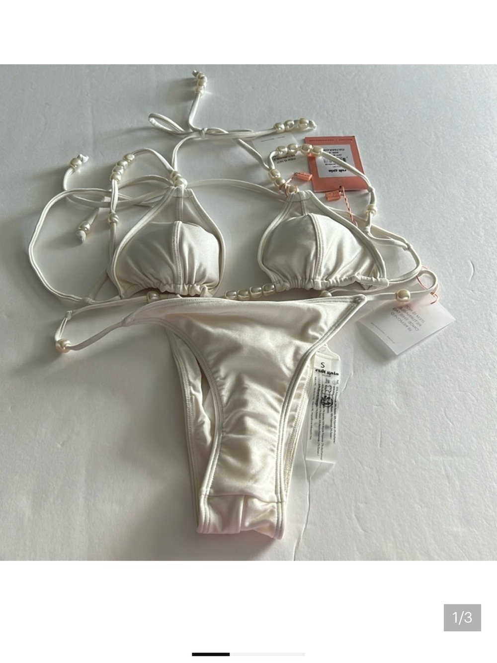 cult gaia Pearl White Beaded Triangle Bikini